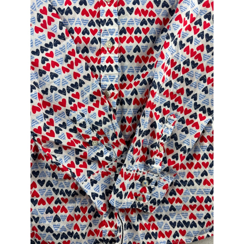 Talbots Womens Small Red Navy Blue Heart Print Cotton Button Down Shirt Blouse - Picture 2 of 9